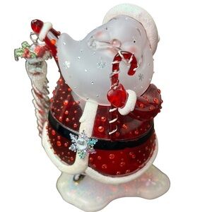 Glass Santa Snowman Statue Red W/ Sparkle Holding Icicle & Candy Cane 9.5” Tall